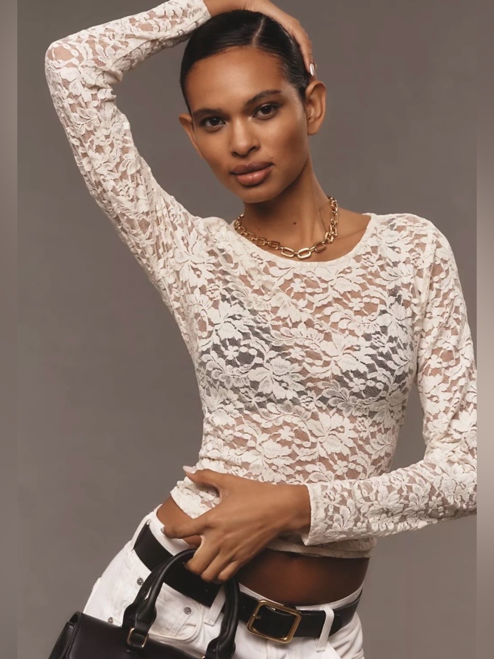 Anthropologie Sheer Lace Long-Sleeve Top